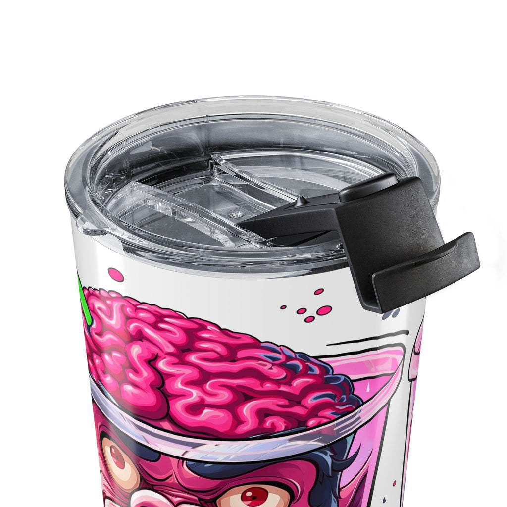 A clear insulated tumbler with a black flip-straw lid, featuring a cartoon graphic of a pink brain character on a white background.