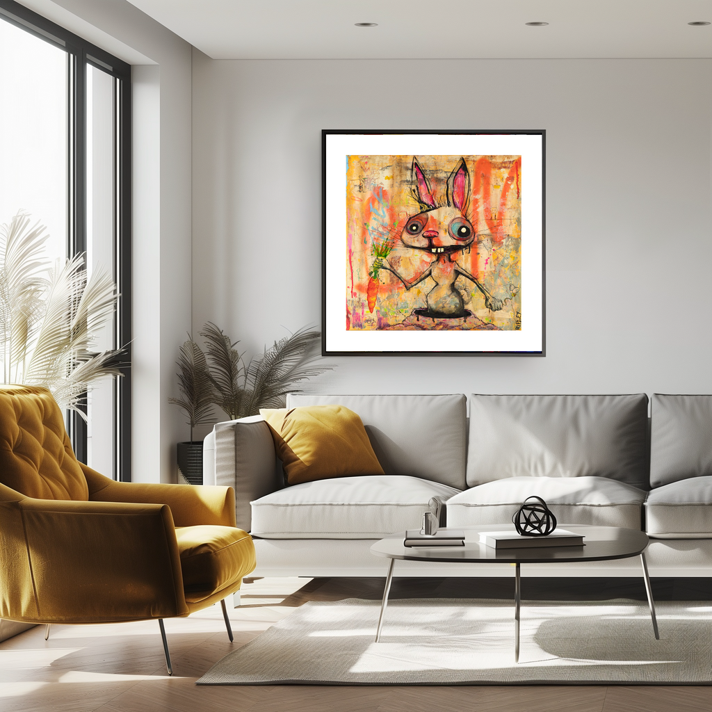 A framed colorful painting of a cartoon rabbit hanging on a light gray wall above a modern gray sofa in a bright living room with a mustard yellow armchair, coffee table, and plants.