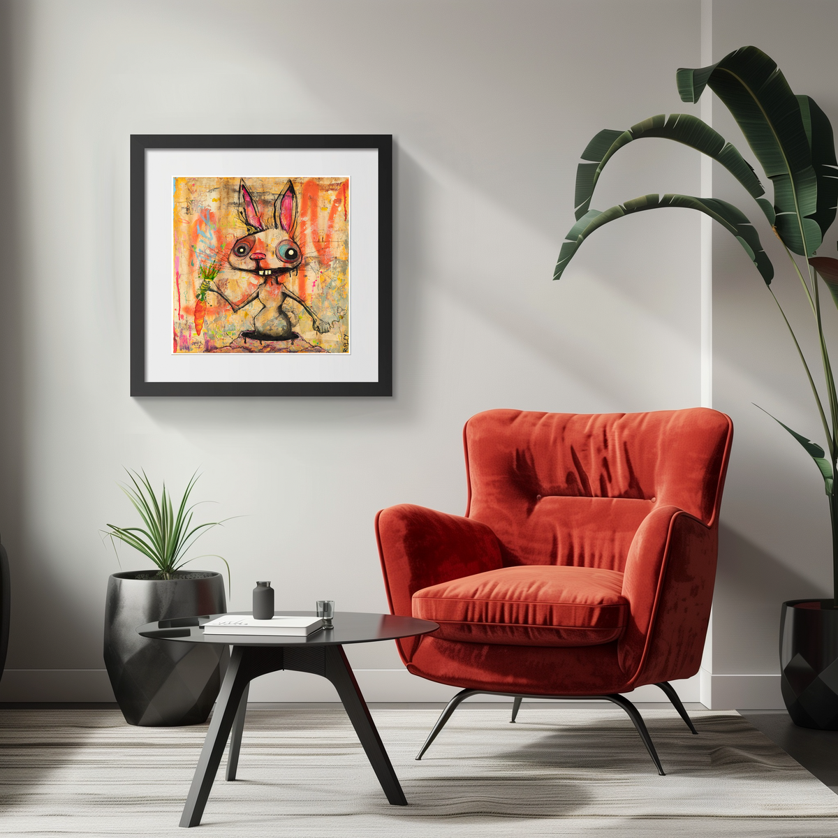 A framed abstract art print featuring a stylized rabbit in warm orange, red, and beige tones, displayed on a light gray wall in a modern living room setting with a red armchair, black coffee table, and potted plants.