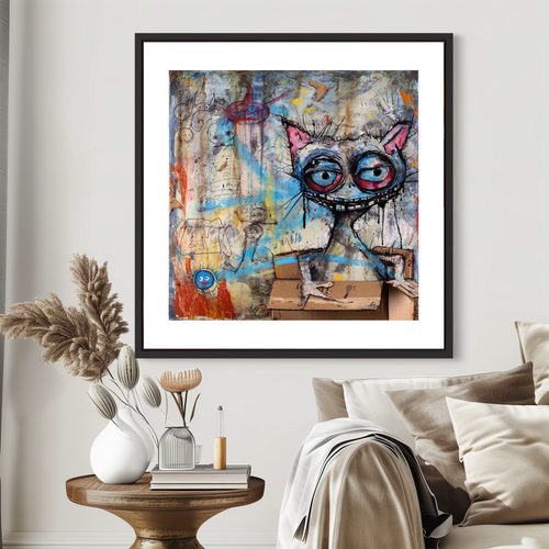 A framed wall art print featuring a stylized cat character with large blue eyes and pink ears, displayed above a sofa in a styled living room setting with a side table and dried grasses.