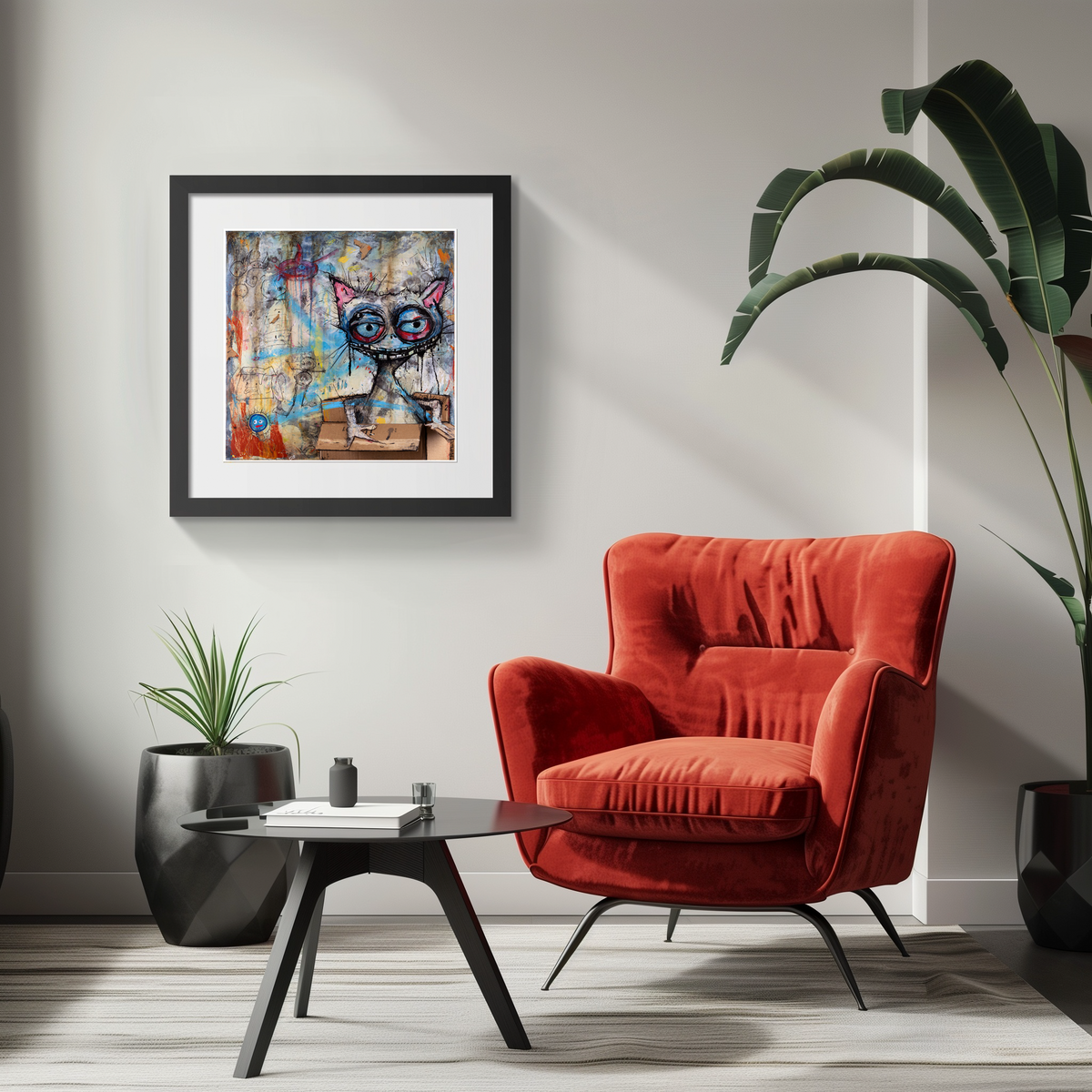 A framed abstract art print featuring a stylized blue cat hangs on a light gray wall in a modern living room setting with a red velvet armchair, a small black coffee table, and potted plants.