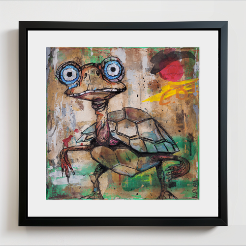A framed square art print featuring a whimsical painted turtle with oversized blue eyes, a patterned shell, and expressive brushstrokes in earthy tones, shown against a white wall.