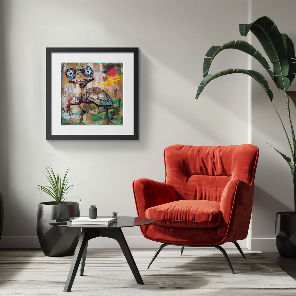 A framed abstract art print featuring a stylized turtle with large blue eyes hangs on a light gray wall in a modern living room setting with a red velvet armchair, a small black coffee table, and potted plants.