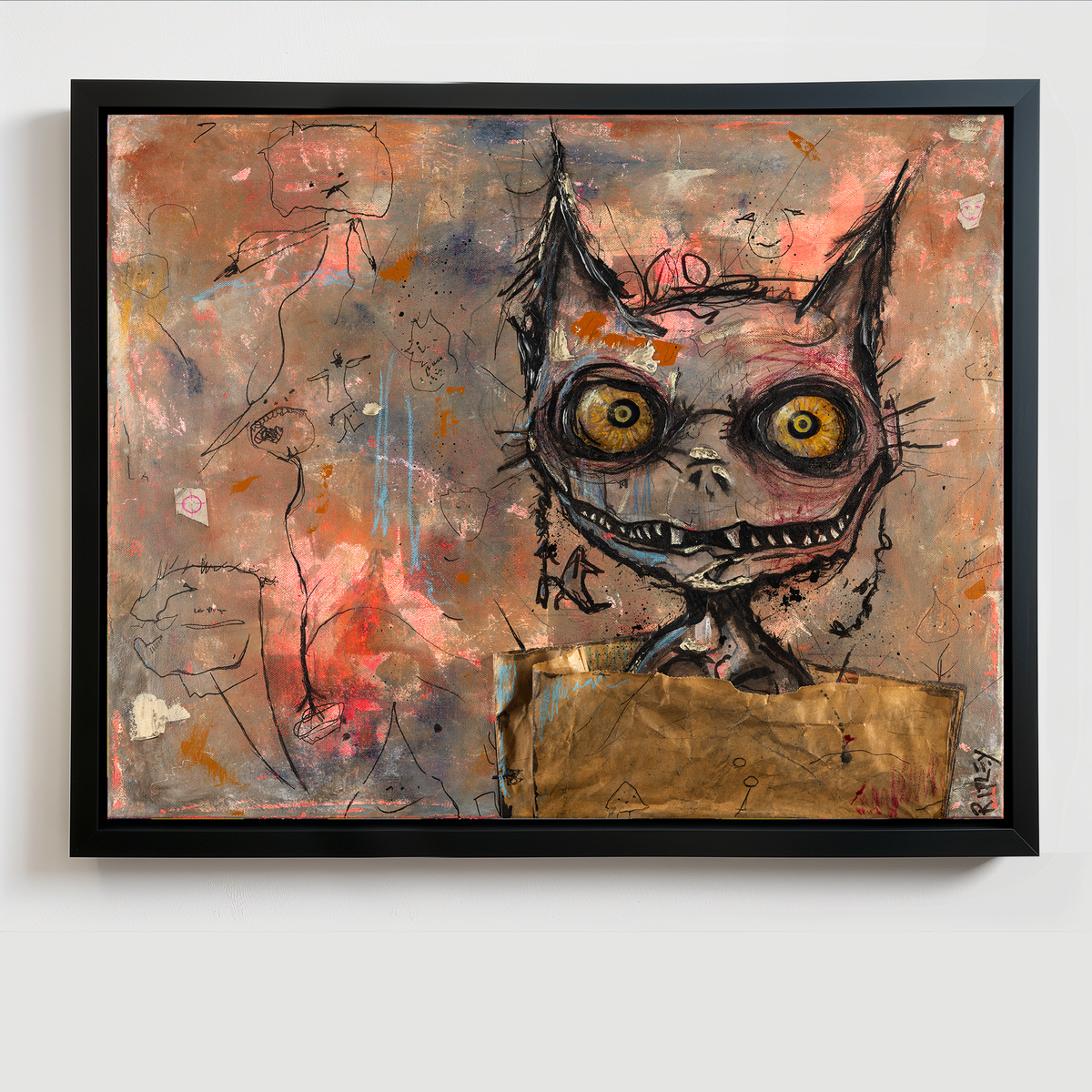 A framed abstract art print featuring a stylized flea-like face with large yellow eyes, black sketch lines, and textured splashes of pink, orange, gray, and gold, displayed against a light gray wall.