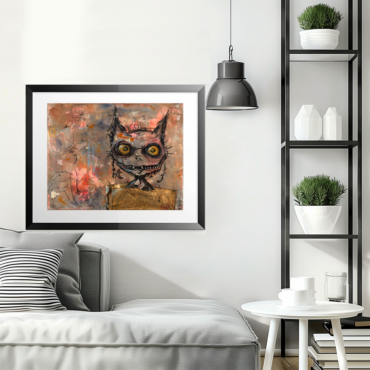 A framed abstract art print featuring a stylized flea with yellow eyes, displayed on a white wall in a modern living room setting with a sofa, shelf, and pendant light.