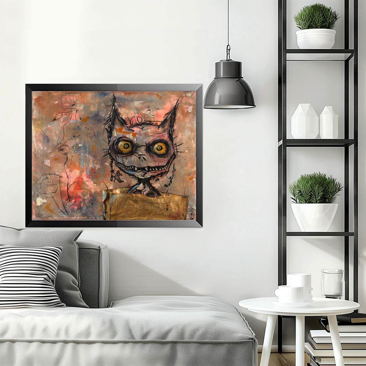 A framed abstract art print featuring a stylized cat face with large yellow eyes, hung on a white wall above a gray sofa in a modern living room setting.