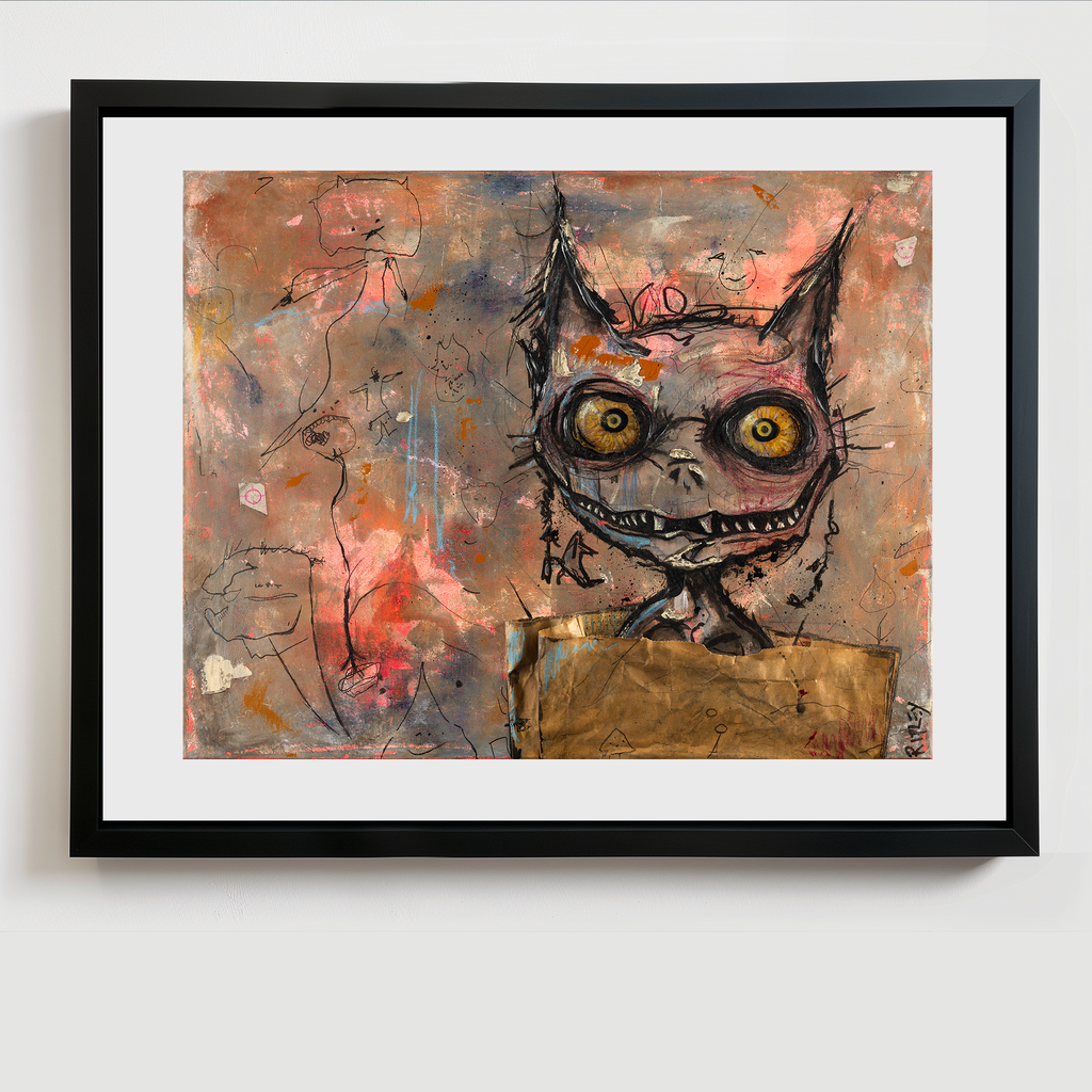A framed art print featuring a stylized, sketch-like cartoon flea with large yellow eyes and a gold box at its base, set against a textured multicolor background. The artwork is presented with a white mat and a sleek black frame, hanging on a neutral light gray wall.