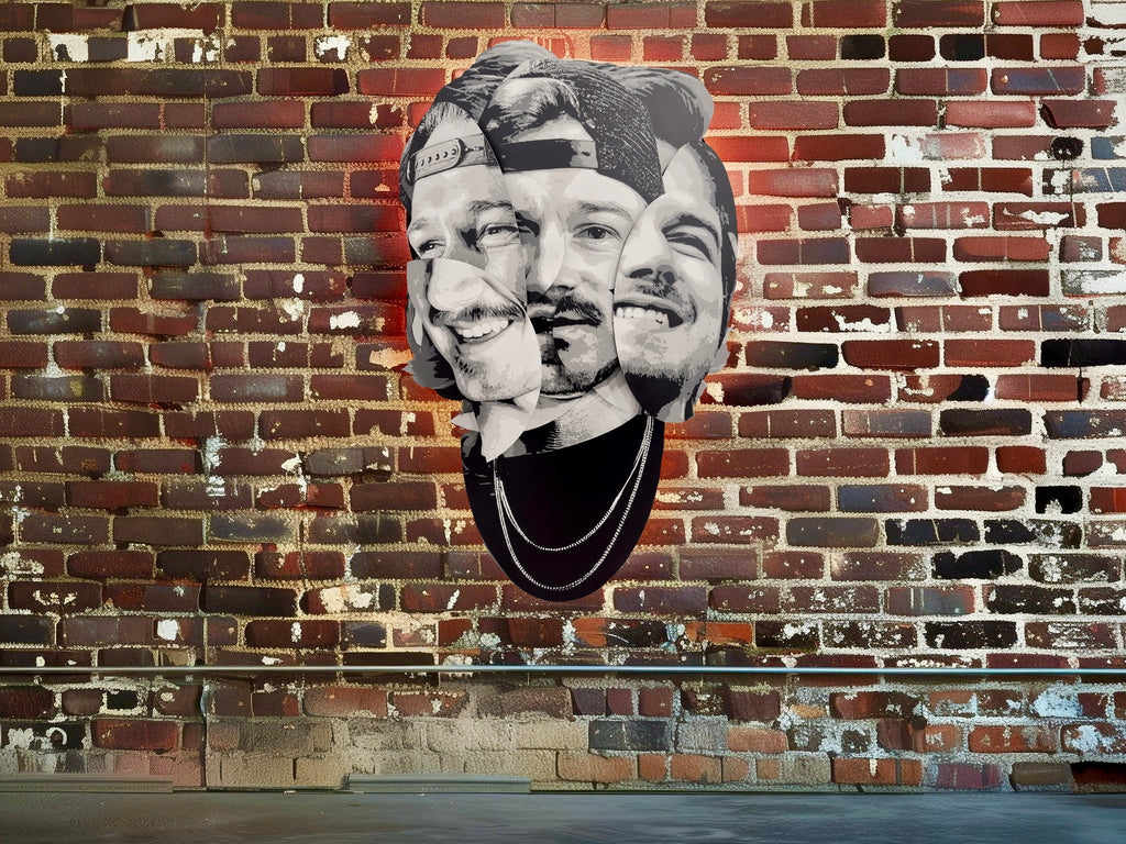 “Parts of the Problem by Ripley, a layered grayscale portrait of Morgan Wallen on a brick wall above a café table.” A large black and white collage portrait of three men's faces mounted on a red brick wall, with a red glow behind the artwork.
