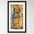 A framed vertical art print featuring a stylized, expressive bat with large eyes and flowing dark drapery, rendered in a multicolored abstract style. The artwork is mounted with a white mat inside a black frame against a light gray wall.