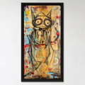 A framed vertical art print featuring a whimsical, hand-drawn bat character with large round eyes and a small orange pot, set against a textured multicolor background. The piece is housed in a simple black frame and displayed on a clean white wall.