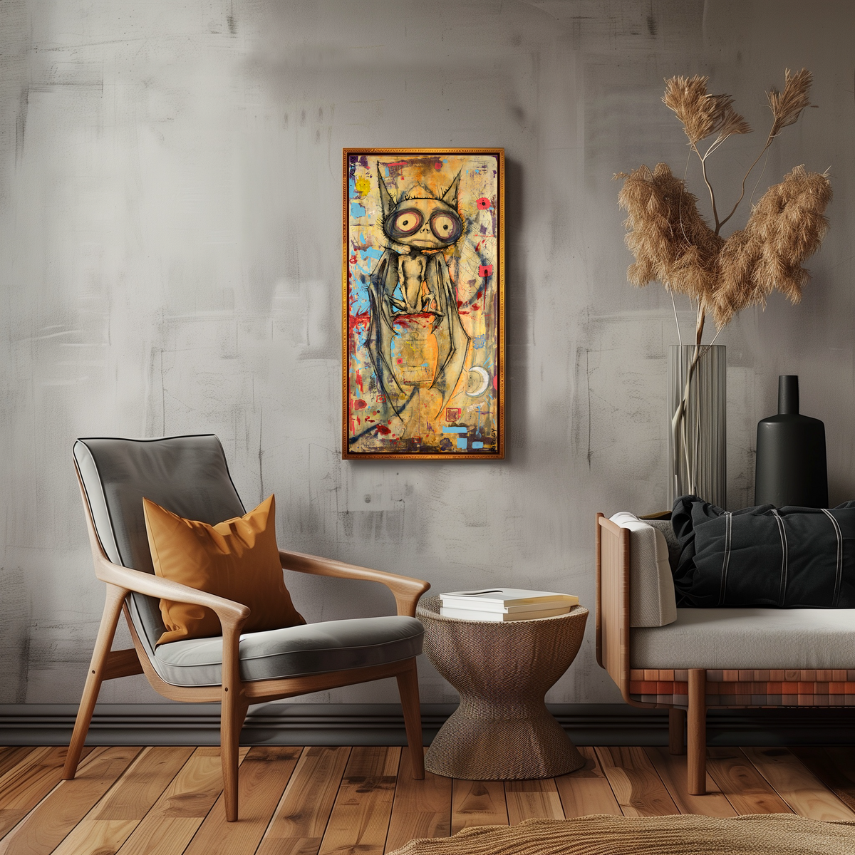 A framed abstract painting of a stylized bat hangs on a textured gray wall in a modern living room setting with a wooden armchair, side table, and decorative dried grasses.