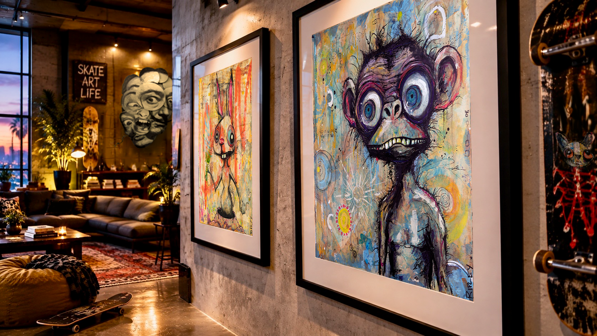 Two framed colorful art prints hanging on a concrete wall in a stylish loft interior with a sofa, plants, and a skateboard visible.