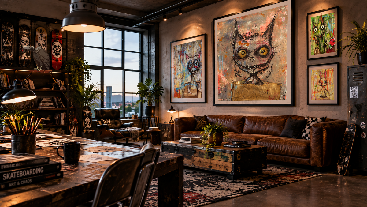 A styled loft interior featuring a large framed abstract monster painting as the focal point on the wall above a brown leather sofa. Multiple colorful art prints are displayed on the wall, and the room includes a rustic wooden table, metal chairs, a coffee table, plants, and industrial window lighting.