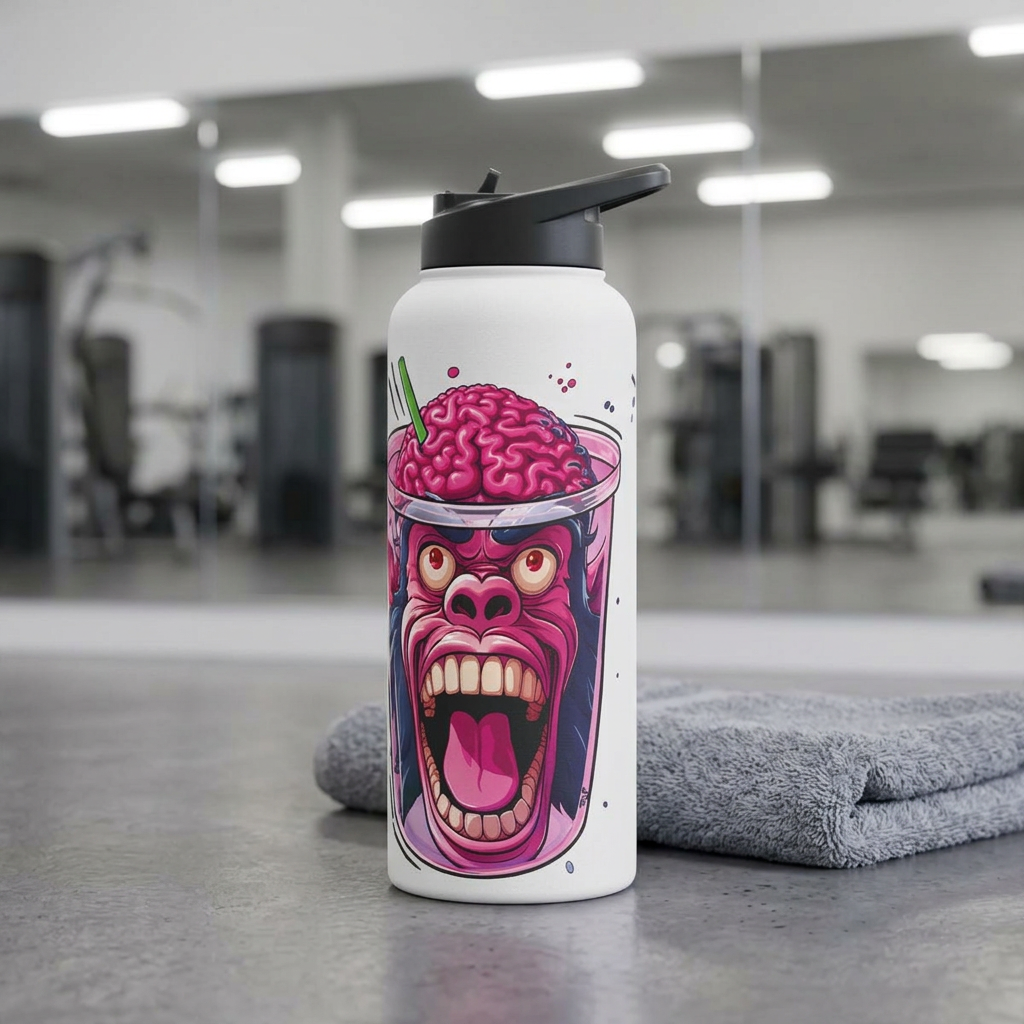 “Monkey Brain water bottle with a pink monkey and exposed brain graphic, on a gym floor..”
