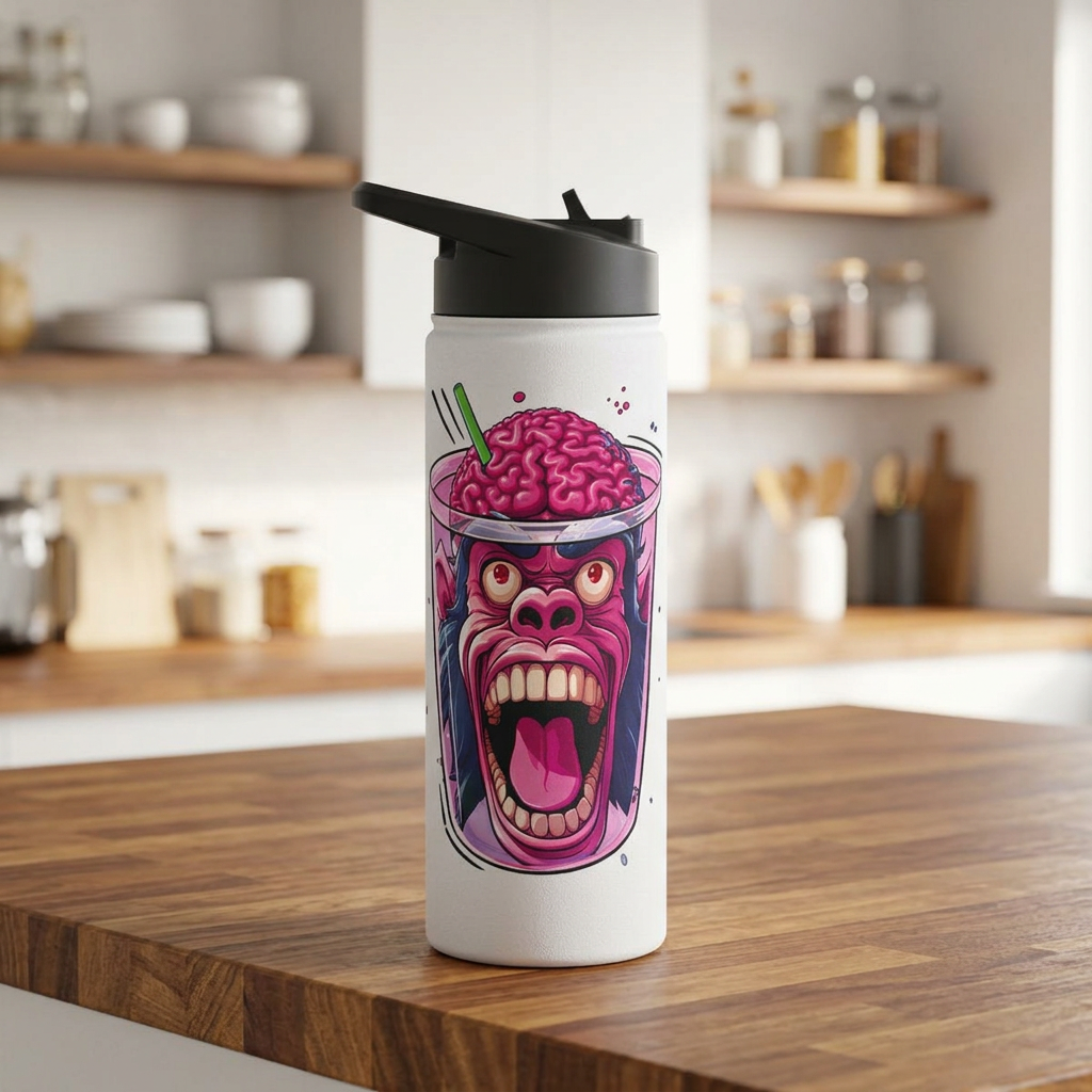 “Monkey Brain water bottle with a pink monkey and exposed brain graphic, standing on a wooden bar beneath warm lights.”