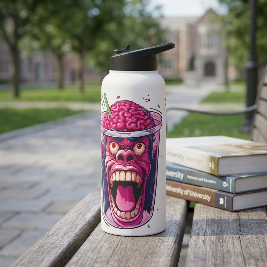 “Monkey Brain water bottle with a pink monkey and exposed brain graphic, standing on a wooden park bench.”