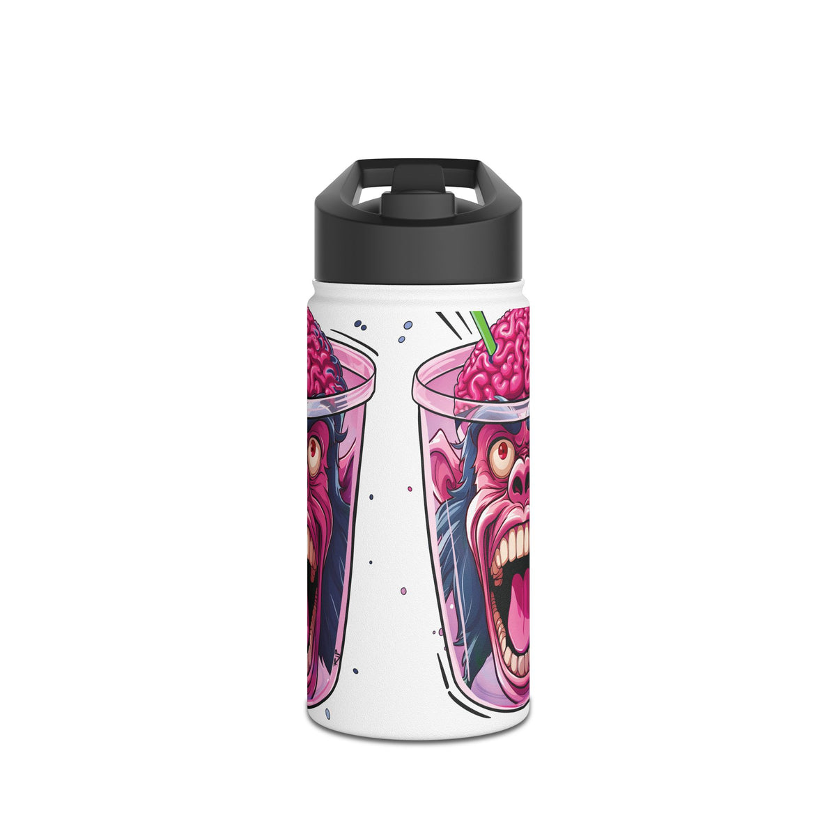 A white insulated water bottle with a black lid, featuring a colorful graphic print of a screaming monster face with a pink brain in a clear cup. 