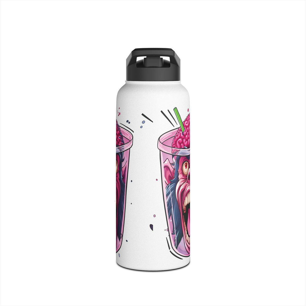 A white insulated water bottle with a black flip-top lid, featuring a colorful graphic print of a cartoon monster inside a pink drink cup with raspberries.