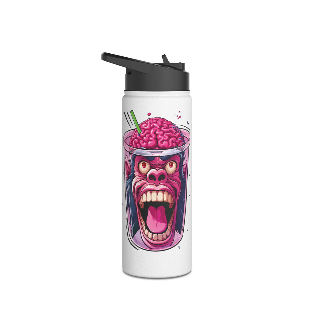 A white insulated water bottle with a black flip-top lid, featuring a colorful graphic of a screaming brain-shaped drink on the front.