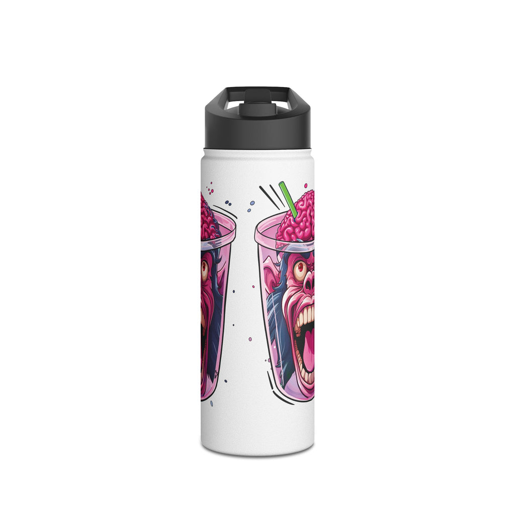 A white insulated water bottle with a black lid, featuring a graphic print of two screaming pink drink cups on the front.