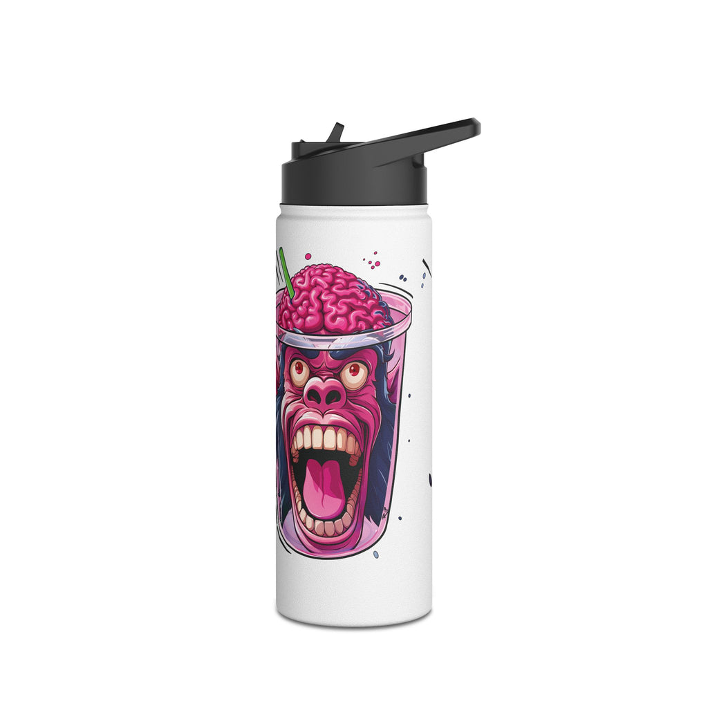 A white insulated water bottle with a black flip-top lid, featuring a colorful graphic of a screaming brain-shaped drink on the front.