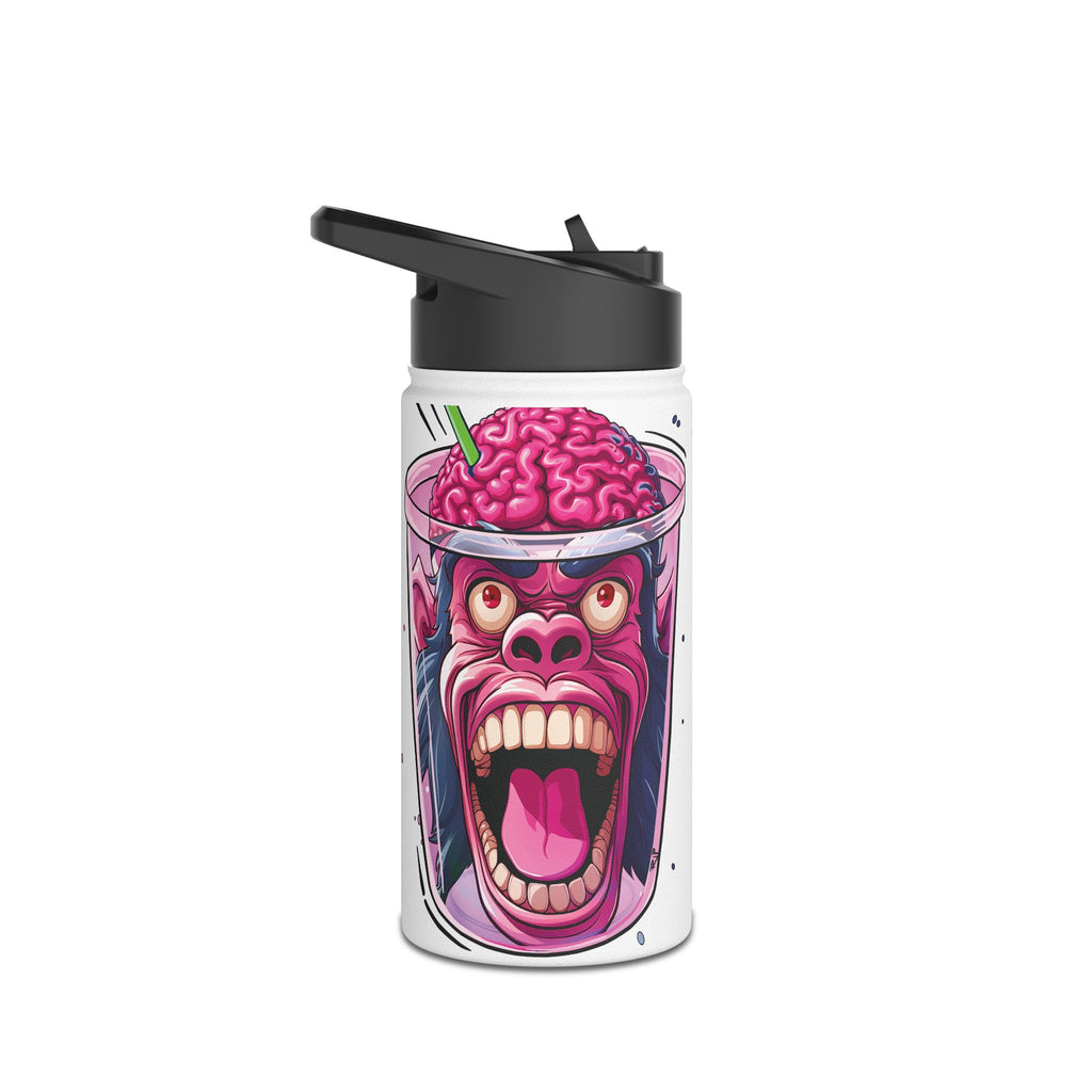A white insulated water bottle with a black flip-top lid, featuring a colorful graphic of a screaming face inside a drink filled with a pink brain, on a plain white background.