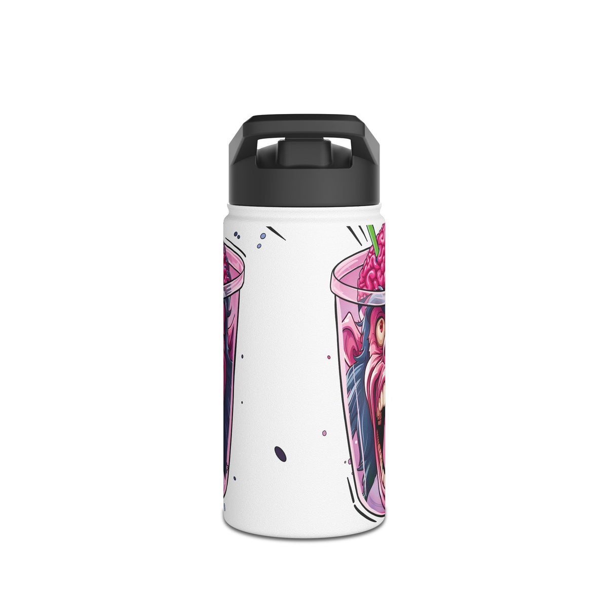 A white insulated water bottle with a black flip-top lid, featuring a colorful graphic print of pink smoothies on the side.