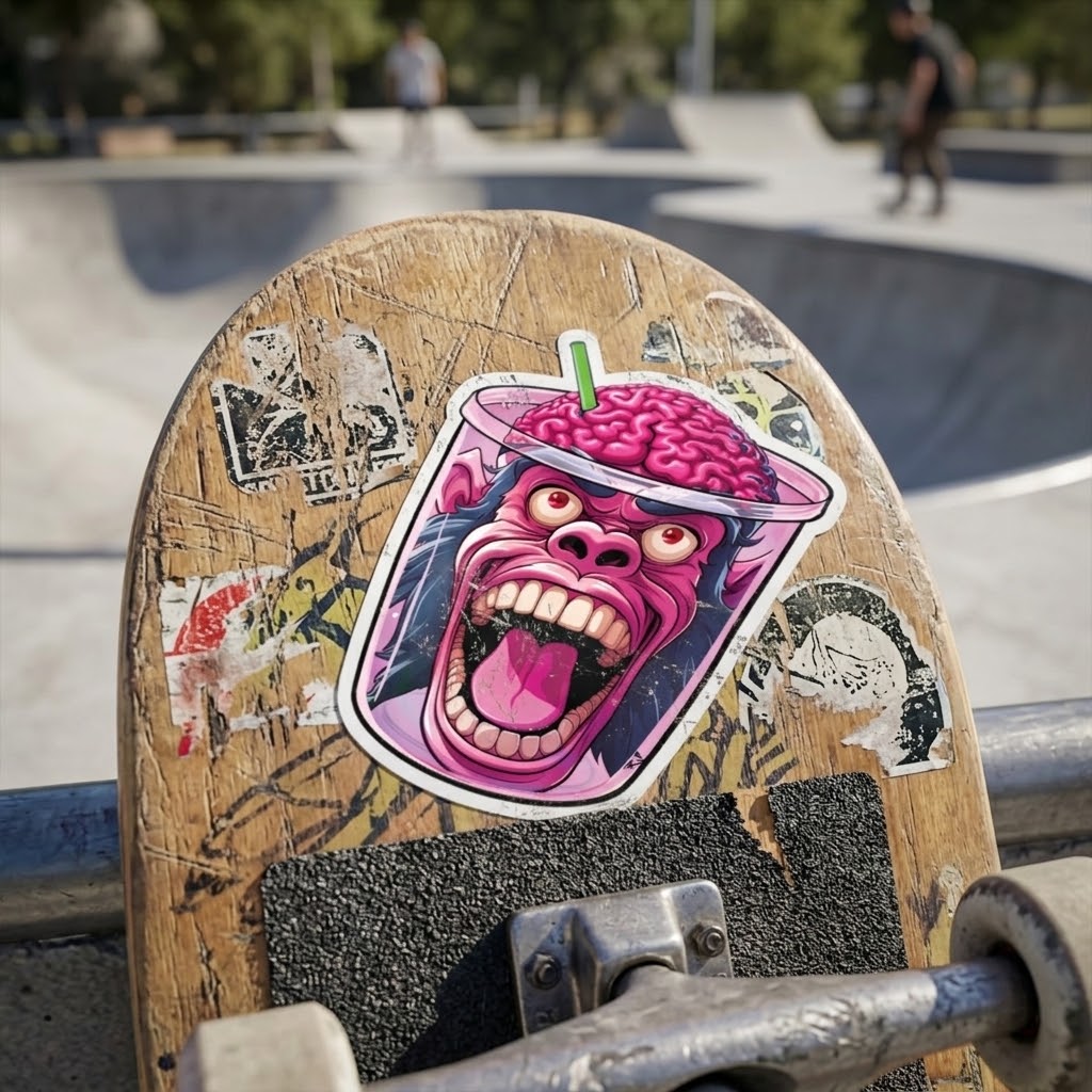 “Monkey Brain sticker with a screaming pink monkey and exposed brain on the worn nose of a skateboard at a skatepark.” A close-up of a skateboard deck featuring a colorful sticker of a pink screaming brain character in a cup, with a natural wood-grain printed background and a black grip pad on a skatepark setting.