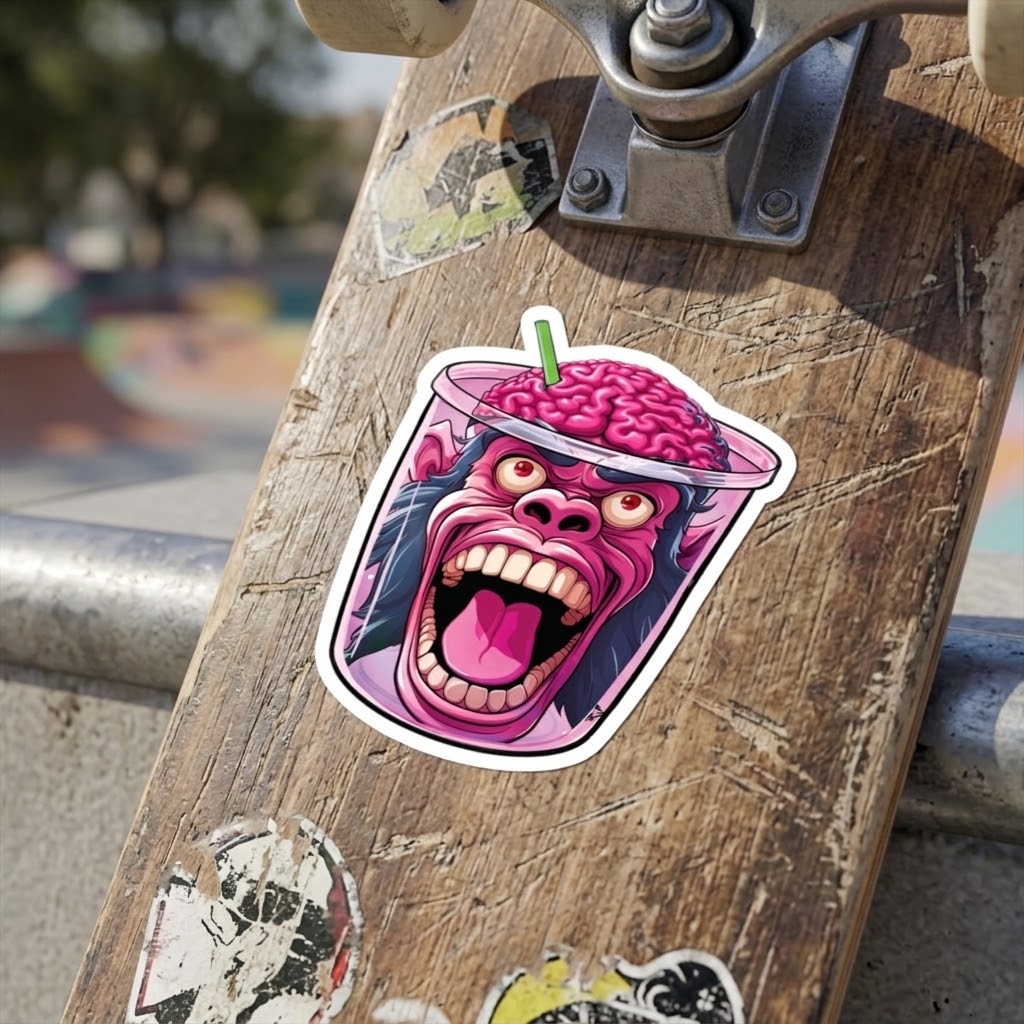 “Monkey Brain sticker with a screaming pink monkey and exposed brain on a skateboard at a skatepark.” A die-cut sticker featuring a cartoon screaming pink brain character in a cup, shown applied to the wooden deck of a skateboard in an outdoor skatepark setting.