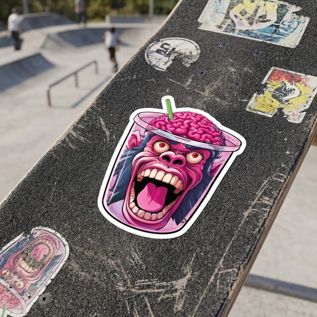 A close-up of a skateboard deck featuring a colorful sticker of a screaming pink brain character in a cup, with a blurred skatepark in the background.