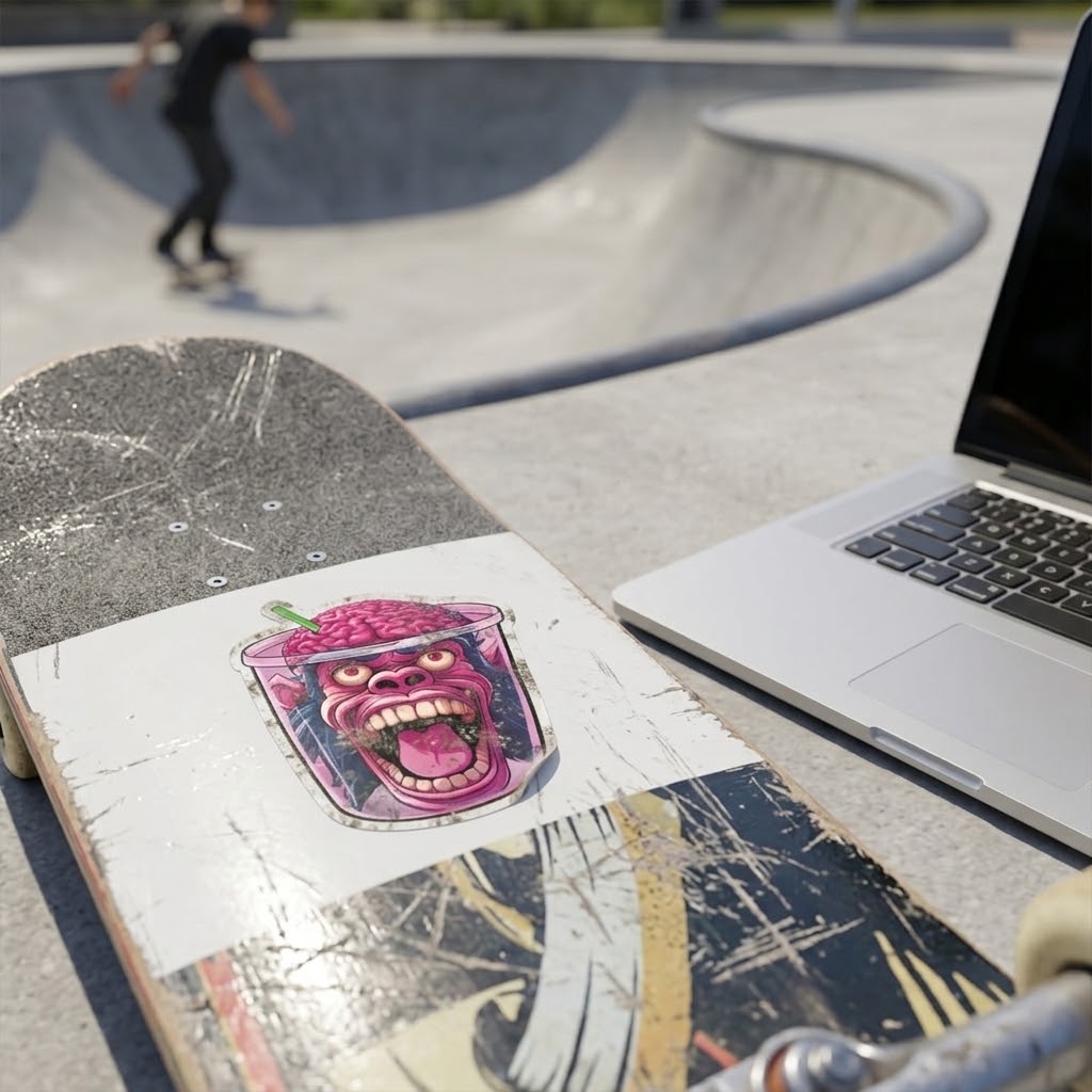 A close-up of a skateboard deck with a colorful graphic sticker of a screaming mouth inside a pink drink cup, resting next to an open laptop at a skatepark with a concrete bowl and a blurred skater in the background.