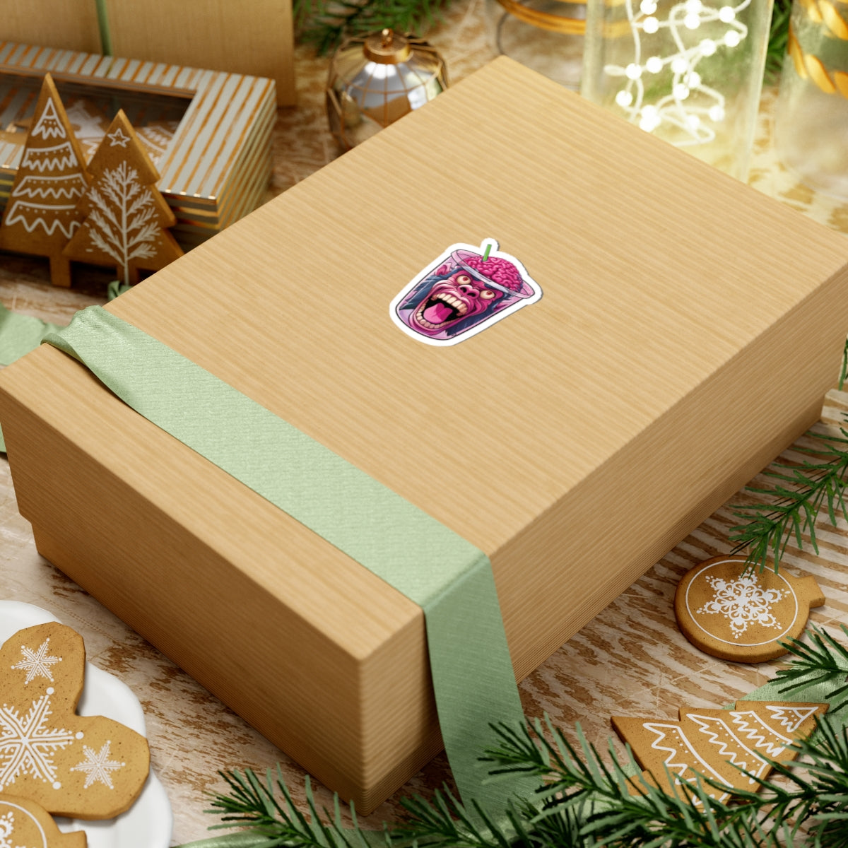 “Small Monkey Brain sticker on a brown gift box with pale green ribbon, surrounded by holiday decorations.” Gift box with a sticker of a pink character on a festive background with cookies and decorations.