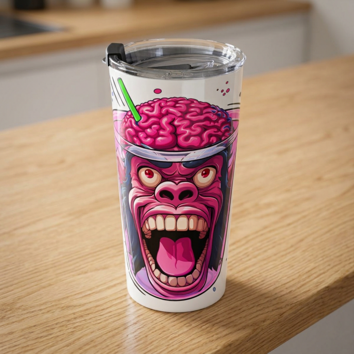 A white insulated tumbler with a clear lid sits on a light wood countertop. The tumbler is printed with a graphic of a screaming pink gorilla face inside a drink glass, with a pink brain for a beverage top and a green straw. “Monkey Brain tumbler with a screaming pink monkey and exposed brain graphic, clear lid and straw against blurred lights.”