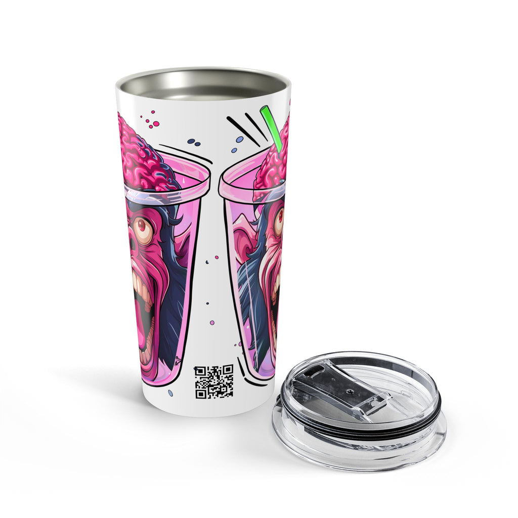 A white insulated travel tumbler with a stainless steel interior, featuring a colorful graphic print of two pink monkey themed drinks. The tumbler is shown standing upright next to its clear lid with a black straw on a white background.