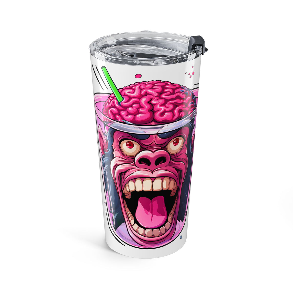 A clear insulated tumbler with a clear lid and black straw, printed with a cartoon graphic of a screaming pink brain character. The tumbler is photographed on a clean white background.