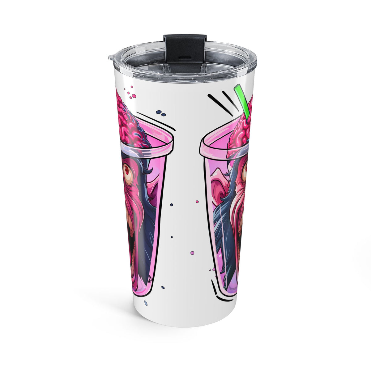 A white insulated travel tumbler with a clear lid and black flip-straw, featuring a colorful graphic print of two pink drinks with anime-style faces.