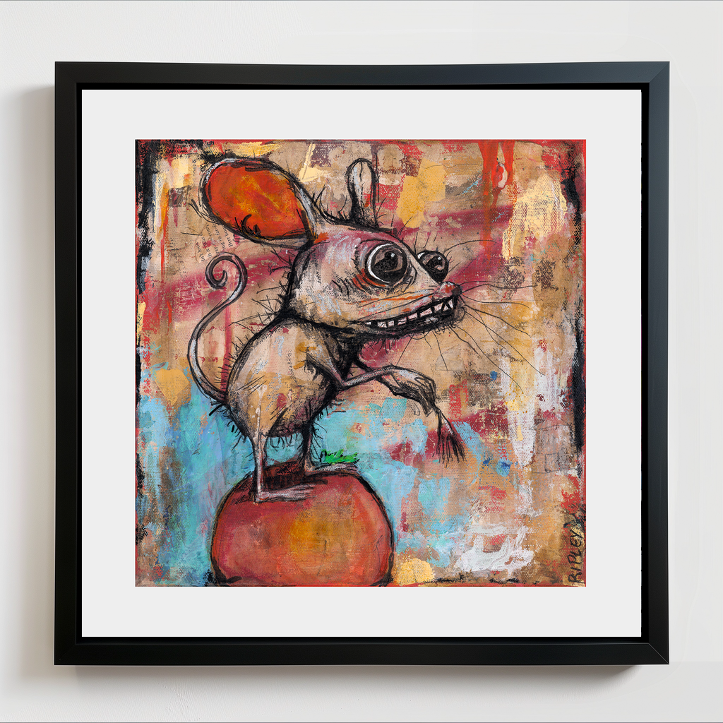 A framed art print featuring a whimsical, expressive painting of a mouse standing on a red apple. The artwork has a vibrant, textured background with red, yellow, blue, and brown tones.
