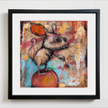 A framed art print featuring a whimsical, expressive painting of a mouse standing on a red apple. The artwork has a vibrant, textured background with red, yellow, blue, and brown tones.