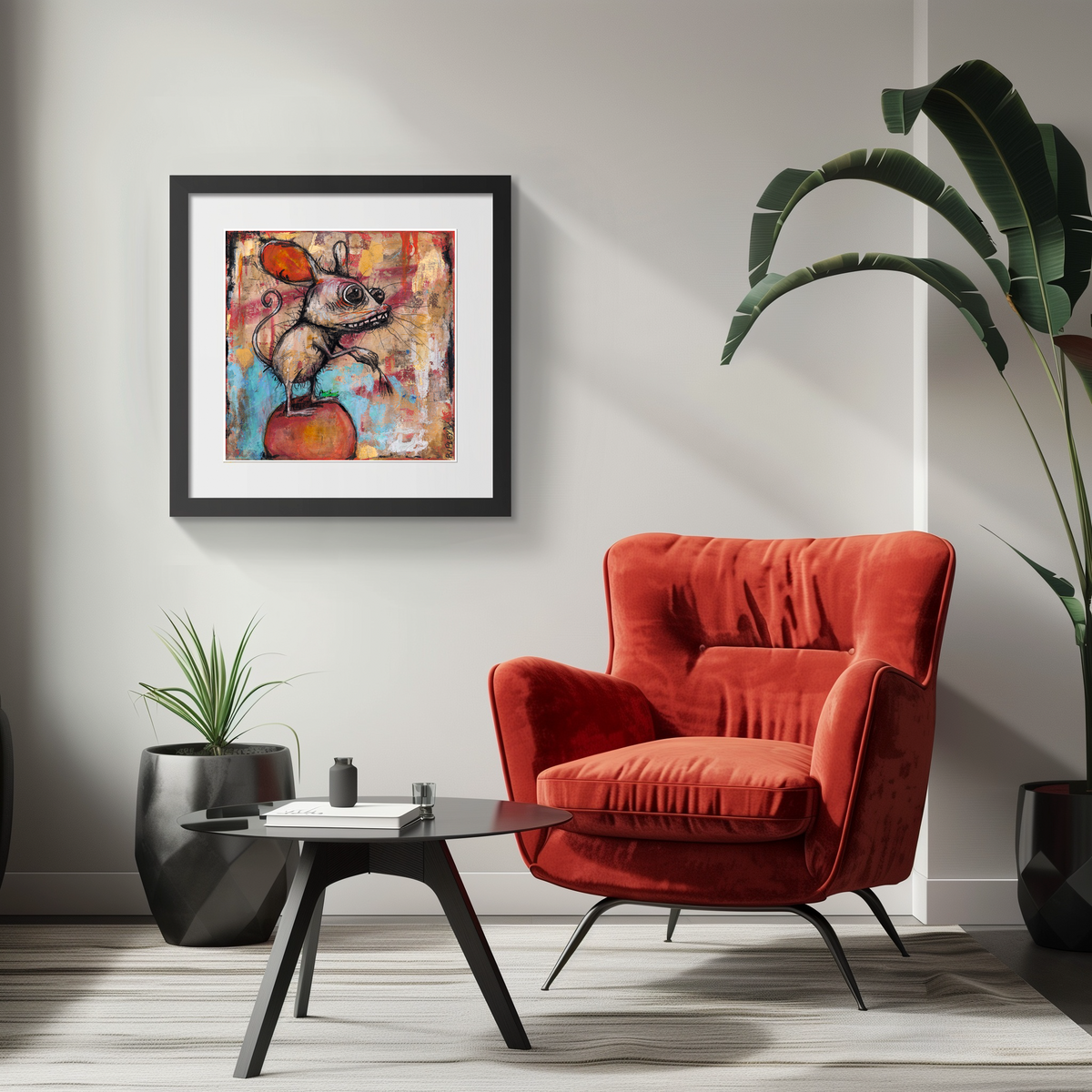 A framed art print depicting a whimsical mouse on a red apple, styled in a modern living room setting above a red velvet armchair and a black coffee table.