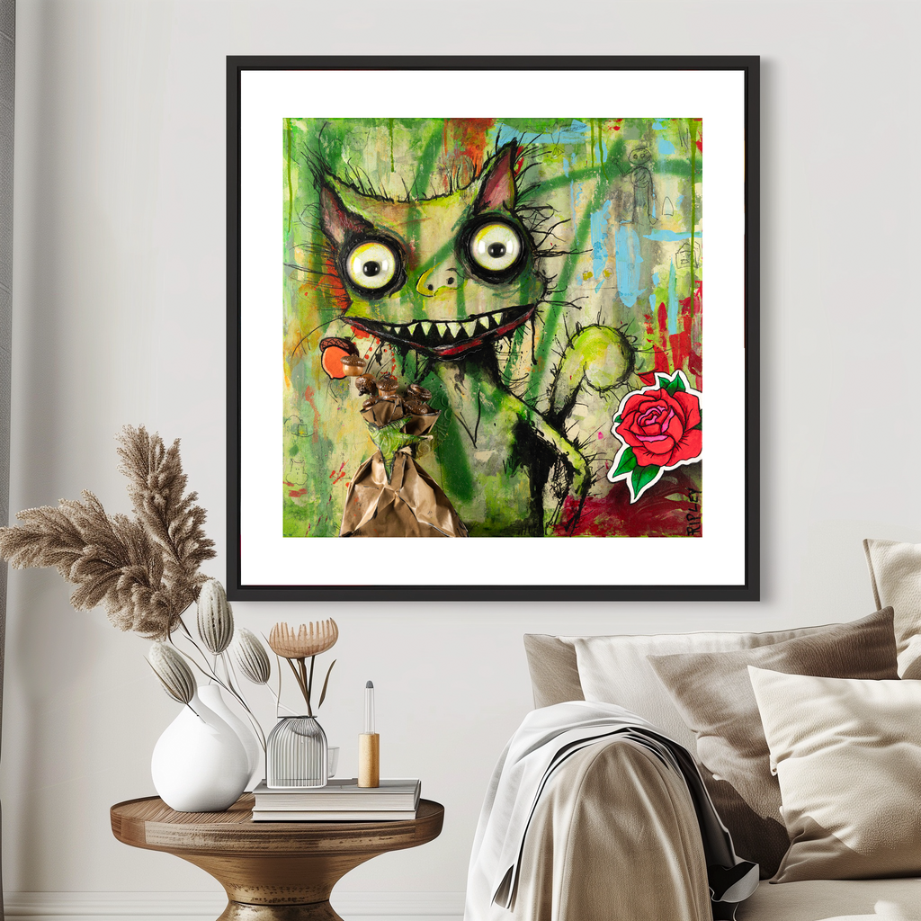 A framed art print featuring a whimsical green squirrel  with large eyes and a red rose, displayed on a light gray wall above a beige sofa in a styled living room setting.