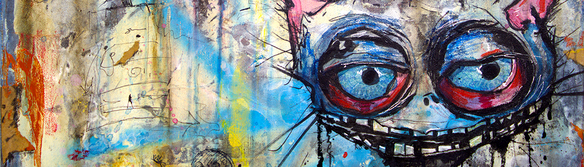 Abstract graffiti-style artwork featuring a large stylized cat face with oversized blue eyes, red and black details, and layered paint drips and splashes across the composition.