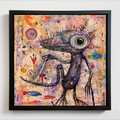 A framed abstract surrealist painting featuring a large salamander-like creature on a textured cream and orange background with colorful organic shapes, shown hanging on a light wall.