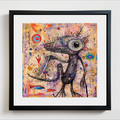 A framed abstract art print featuring a surreal, salamander in a black frame with a white mat, displayed against a light gray wall.