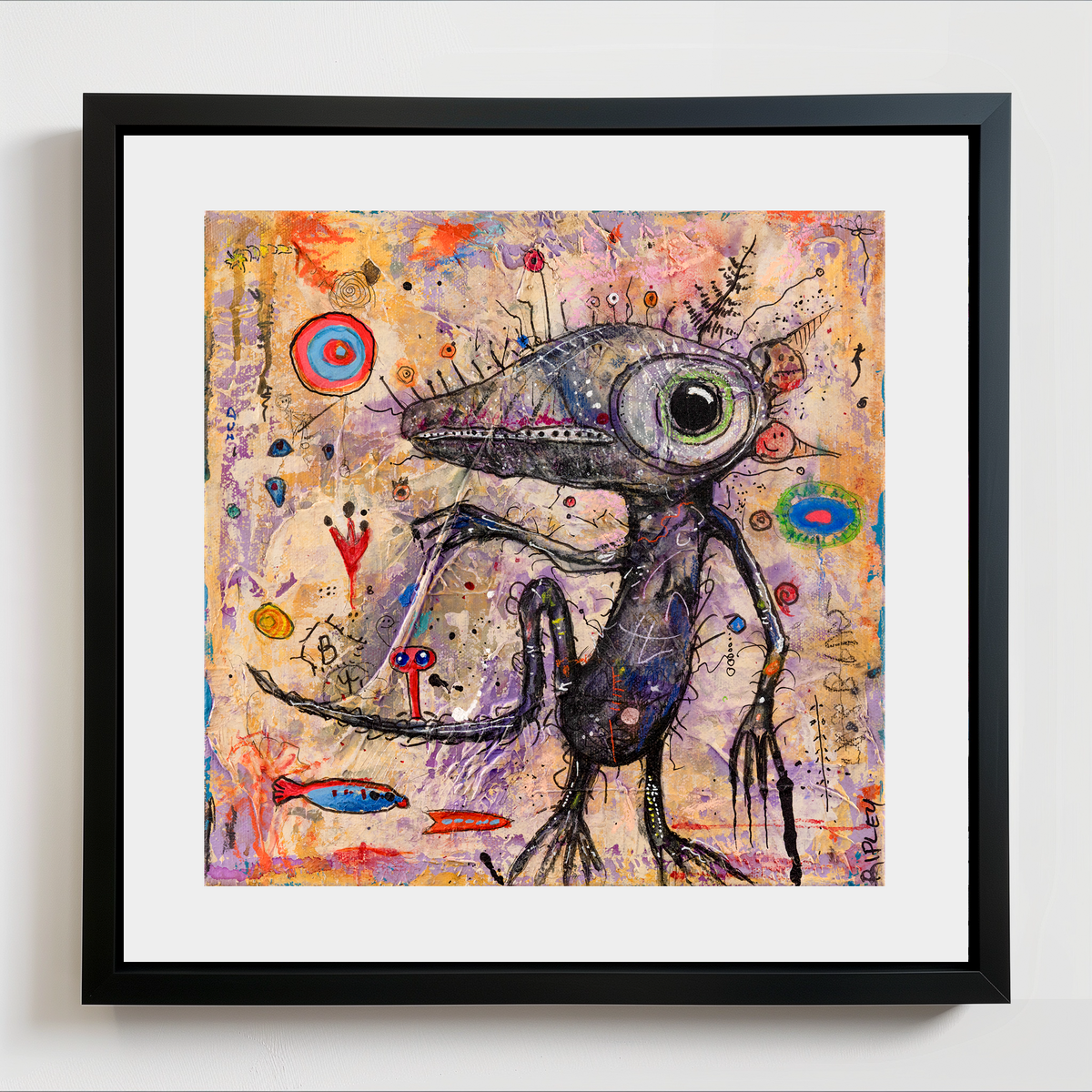 A framed abstract art print featuring a surreal, salamander in a black frame with a white mat, displayed against a light gray wall.