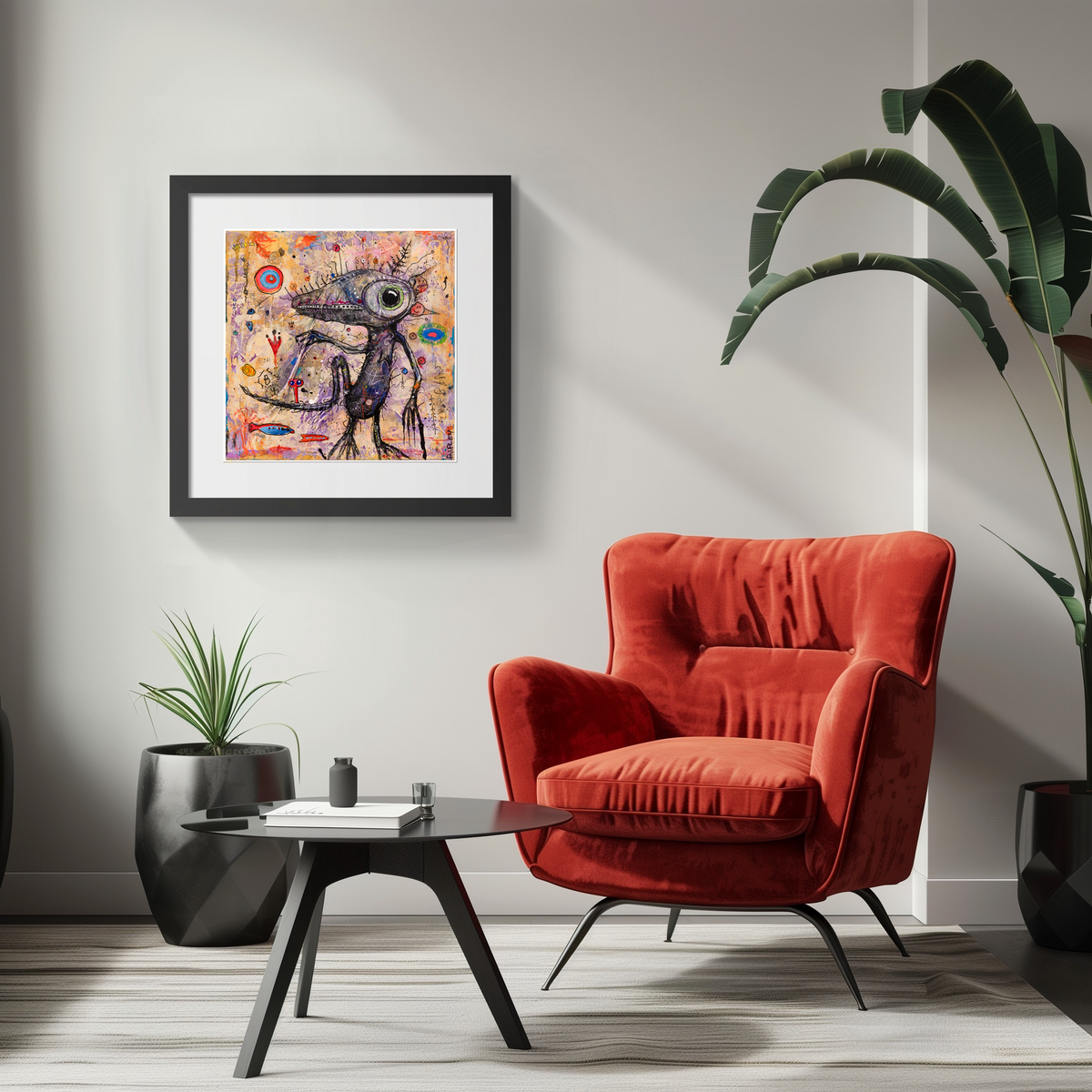 A framed abstract art print featuring a stylized salamander hangs on a light gray wall in a modern living room setting with a red velvet armchair, a small black coffee table, and potted plants.