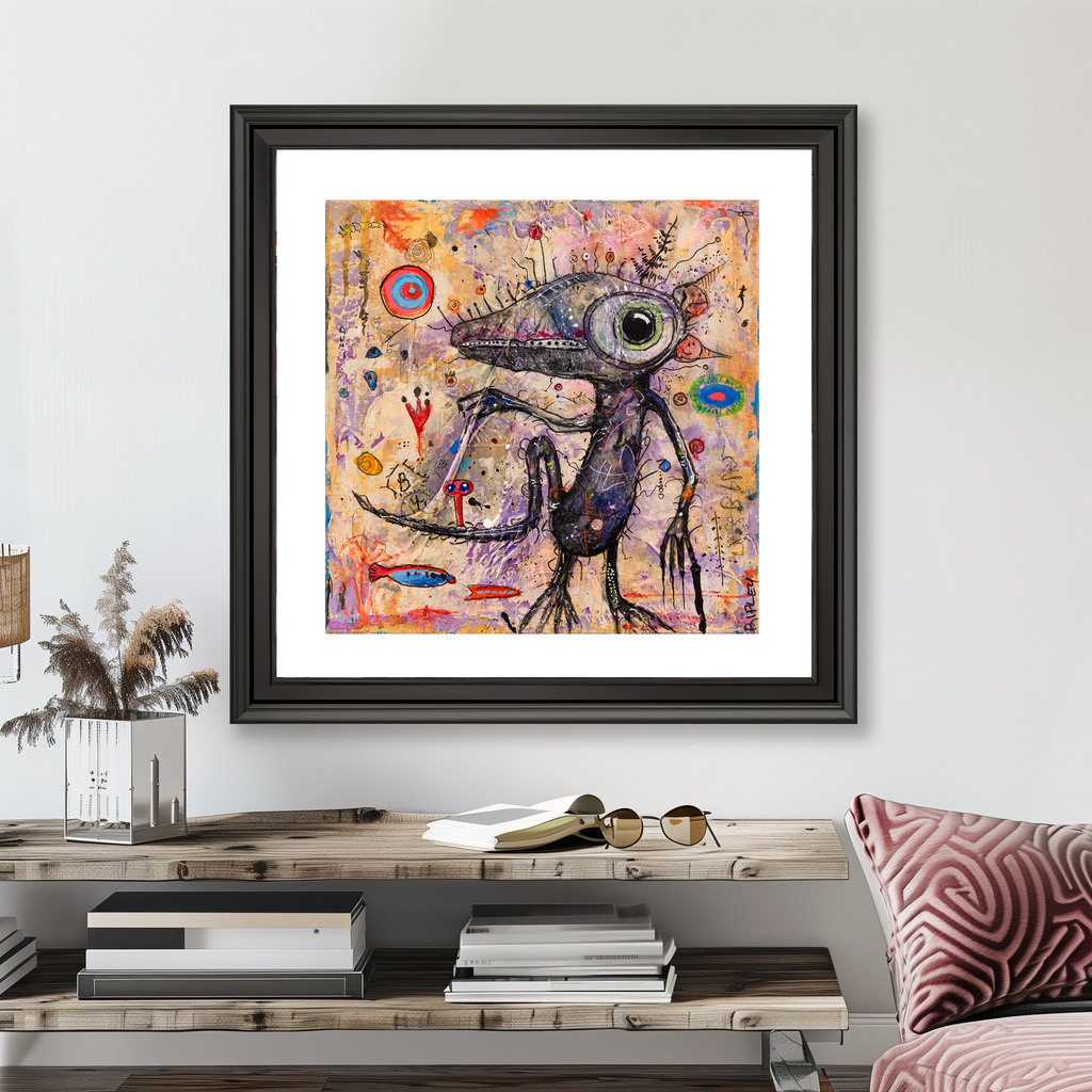 A framed abstract art print featuring a surreal, multi-colored salamander hung on a light gray wall above a wooden console table with books and decor.