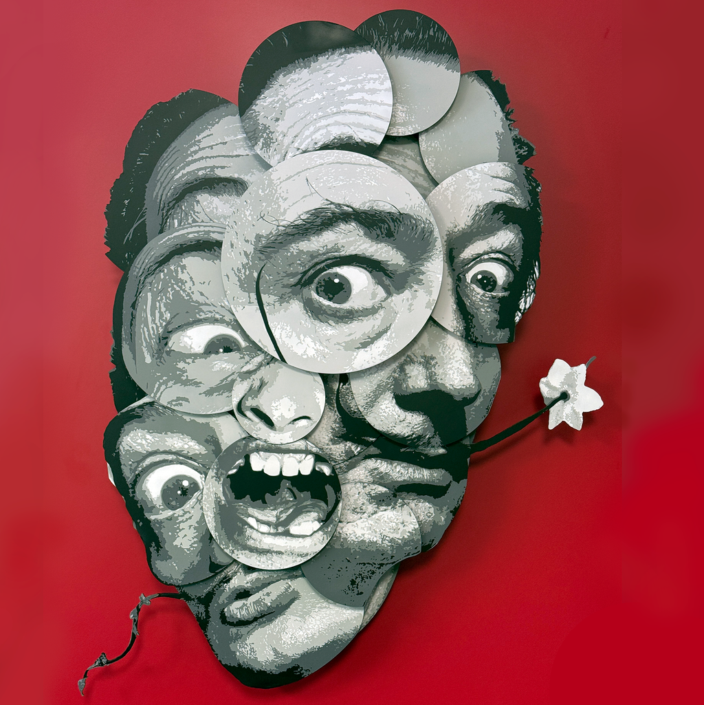 “Sal by Ripley, a layered grayscale portrait of Salvador Dalí with overlapping facial features and a white flower on red. A surreal wall art piece featuring multiple distorted human faces and circular cutout elements in black, white, and gray, mounted against a solid red background with a small white flower extending from one side.