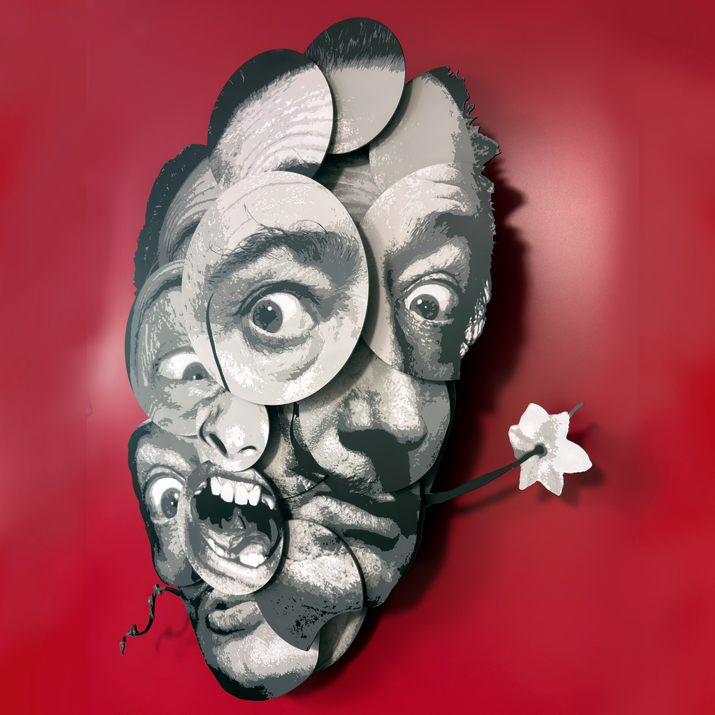 “Sal by Ripley, a layered grayscale portrait of Salvador Dalí with overlapping facial features and a white flower on red. A surreal black and white collage sculpture of a face made from multiple circular and irregular cutout pieces, mounted against a bright red background with a small white flower extending from the side.