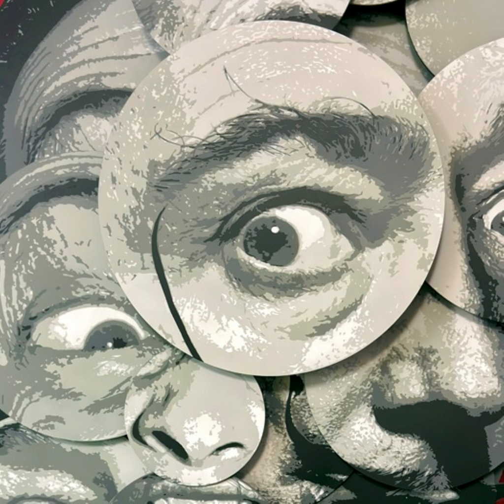 A close-up collage of circular cutouts showing stylized human eyes, eyebrows, and parts of a face in grayscale tones.“Sal by Ripley, a layered grayscale portrait of Salvador Dalí with overlapping facial features and a white flower on red.