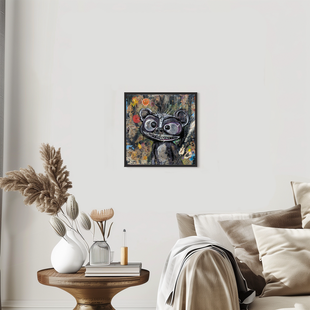A framed abstract art print featuring a stylized black and white cartoon bear face with a red accent, displayed on a light gray wall above a bed in a styled bedroom setting.
